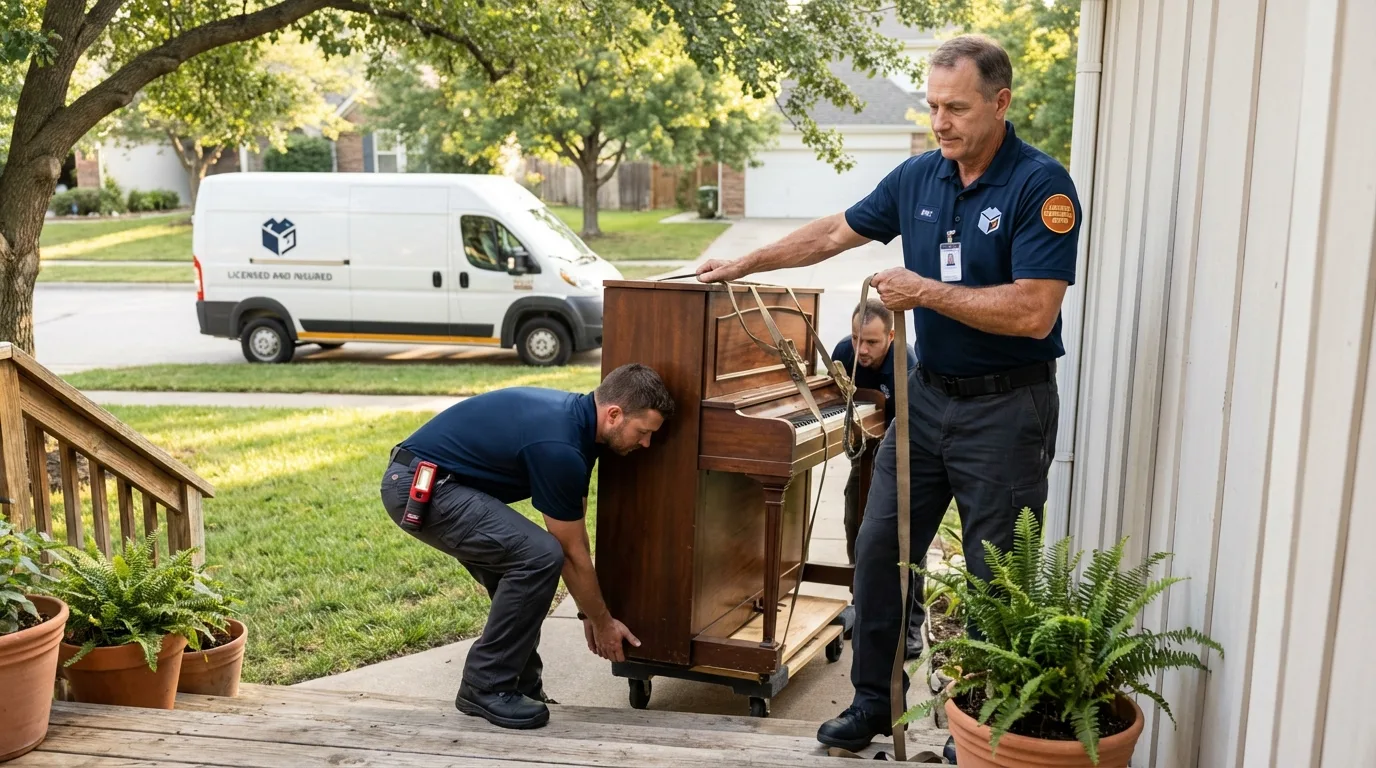 Licensed piano movers securing grand piano in Malone, FL