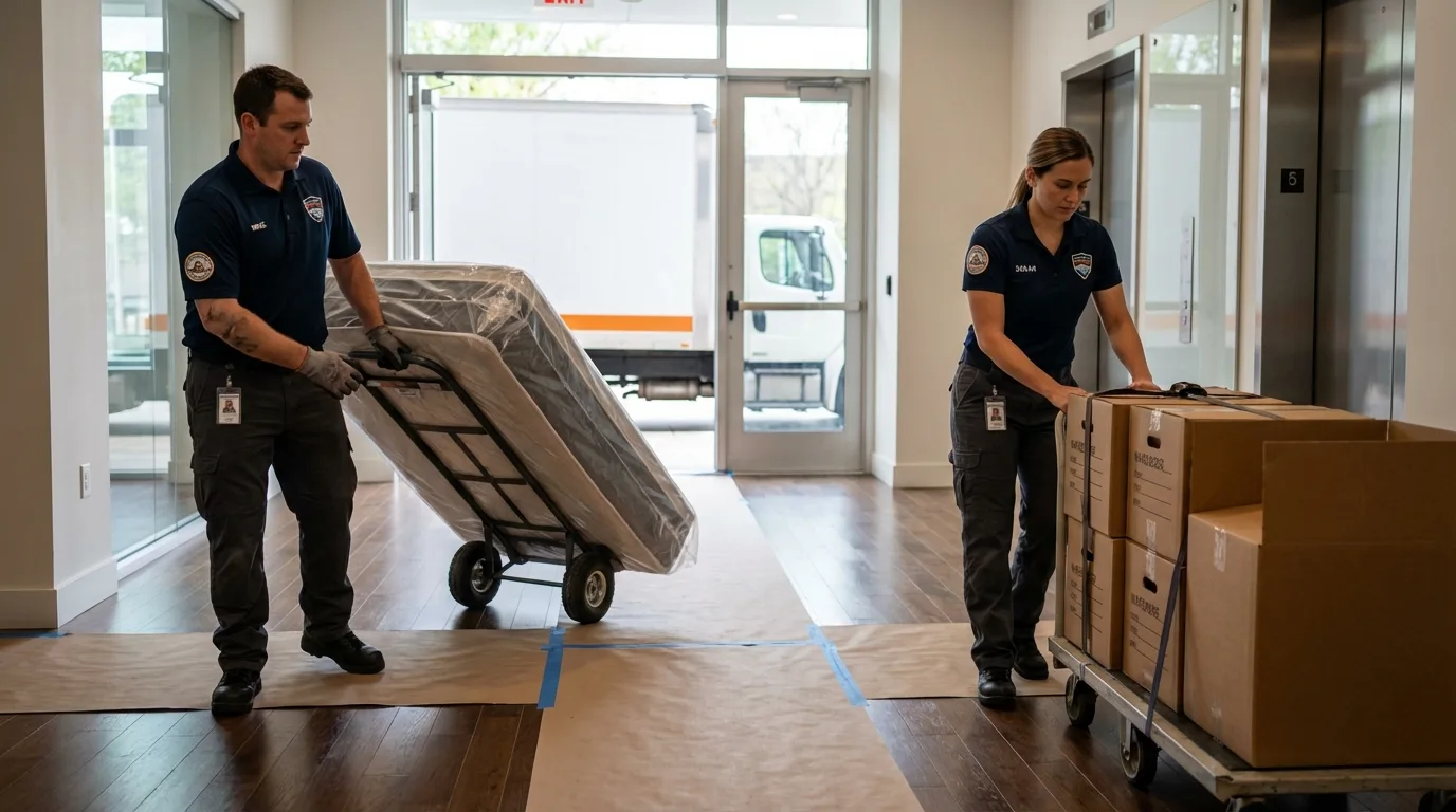 Professional apartment movers loading elevator in Malone, FL